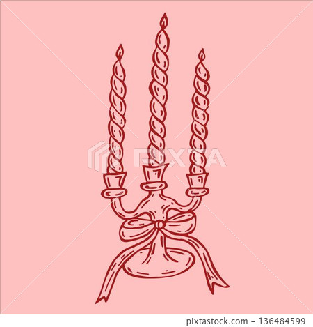 A stunning vector illustration of a red candelabra adorned with three twisted candles and a bow, set against a soft pink background. A stunning vector illustration of a red candelabra adorned with three twisted candles and a bow, set against a soft pink background. 136484599