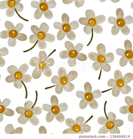 A fresh seamless watercolor pattern featuring white flowers with vibrant yellow centers set against a clean white background. 136484614