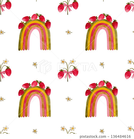 A delightful seamless watercolor pattern featuring vibrant strawberries and their flowers, complemented by a whimsical strawberry rainbow set against a clean white background. 136484616
