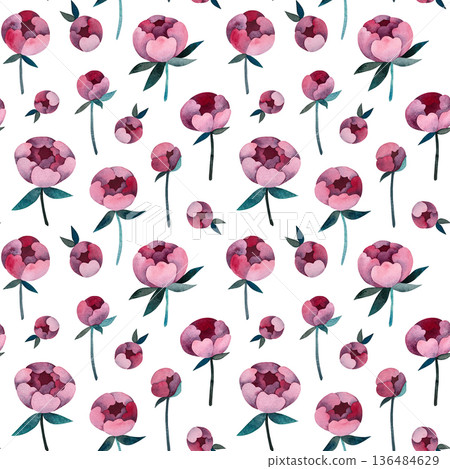 A charming seamless watercolor pattern featuring pink peony flowers and buds along with vibrant turquoise leaves on a clean white background. A charming seamless watercolor pattern featuring pink peony flowers and buds along with vibrant turquoise leaves on a clean white background. 136484629