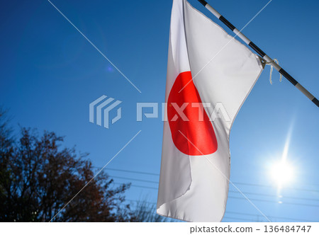 The Japanese flag rises in the sky 136484747