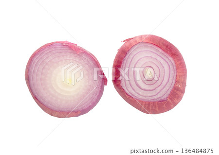Sliced of Fresh Red onions isolated on a white background. 136484875