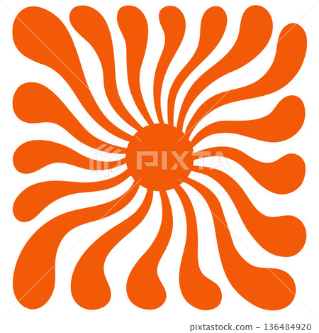 An abstract orange sun with flowing, spiral-like rays radiating from the center. Simple graphic color illustration isolated on white background. An abstract orange sun with flowing, spiral-like rays radiating from the center. Simple graphic color illustration isolated on white background. 136484920