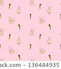 Cute Easter doodle seamless pattern with bunnies and carrots on pink background. Colorful springtime backdrop for wrapping paper, textile, wallpaper 136484935