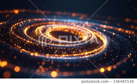 A mesmerizing spiral galaxy formed by glowing golden particles gracefully swirling in the vast darkness of space creating an abstract cosmic digital illustration. 136485538