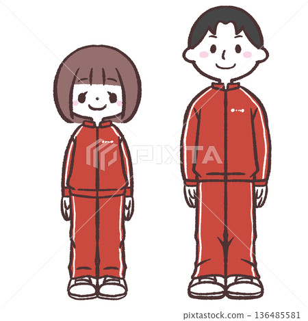 Illustration of a man and woman in red jerseys Illustration of a man and woman in red jerseys 136485581