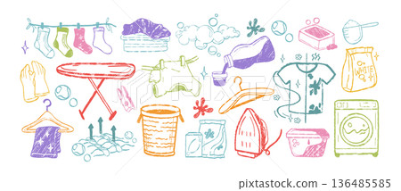 Crayon hand drawn laundry doodle icons with clothes, washer detergents and washing machines Crayon hand drawn laundry doodle icons with clothes, washer detergents and washing machines 136485585