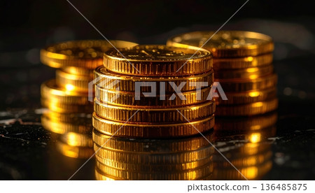 Dramatic close-up showcases photorealistic stacks of shiny gold coins arranged on a polished black marble surface, emphasizing wealth and financial security. 136485875