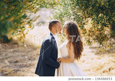 beautiful long-haired bride in white dress with her young man walking in the nature beautiful long-haired bride in white dress with her young man walking in the nature 136486053