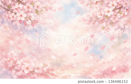 柔和的春日天空背景，櫻花翩翩起舞。 136486152