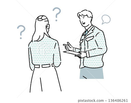 圖說：一位身著工作服的商人正在向客戶解釋估價——銷售——合約——憂慮的女士——心存疑慮的女士 136486261