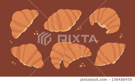 Flat vector croissant set in warm brown tones. Cute bakery illustrations perfect for cafe branding, food packaging, menus, posters, patterns, stickers and breakfast or dessert themed designs Flat vector croissant set in warm brown tones. Cute bakery illustrations perfect for cafe branding, food packaging, menus, posters, patterns, stickers and breakfast or dessert themed designs 136486459