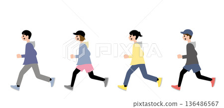 Boys and girls wearing caps running and sweating Boys and girls wearing caps running and sweating 136486567