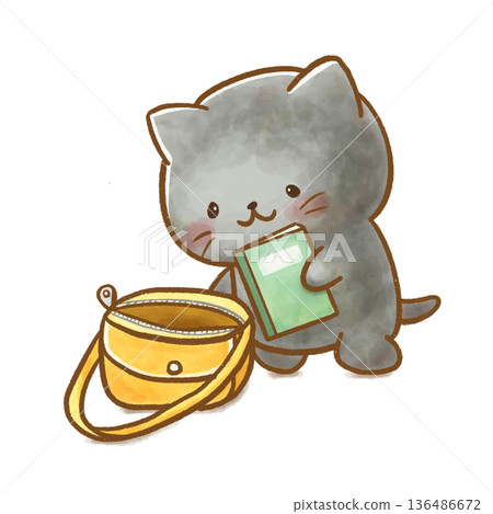 水彩插畫描繪了一隻黑貓在花園裡的生活，一隻貓正在翻閱通訊錄。 136486672