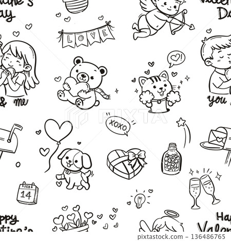 vector of valentine seamless pattern background, cute drawing cartoon of text happy Valentine day, pet, doll, champagne, couple, gift, mail box, love letter isolated on white background, flat minimal vector of valentine seamless pattern background, cute drawing cartoon of text happy Valentine day, pet, doll, champagne, couple, gift, mail box, love letter isolated on white background, flat minimal 136486765