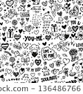 valentine seamless pattern background, cute drawing cartoon of Valentine with heart, cupid, pet, text outline isolated on white background 136486766