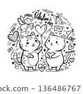 cute drawing cartoon of Valentine with two cat, heart, cupid, balloon, love letter, text outline isolated on white background 136486767