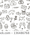 valentine seamless pattern background, cute drawing cartoon of heart, love, ring, rose, letter, Champagne, cup cake, key, calendar isolated on white background, flat minimal style 136486768