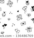 vector of valentine seamless pattern background, cute drawing cartoon of heart balloon, cupid, love letter, cup cake, key, gift box, love bubble isolated on white background, flat minimal style 136486769