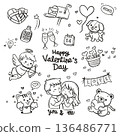 vector of valentine collection set, cute drawing cartoon of text happy Valentine day, dog, cat, bear, calendar, champagne, heart balloon, couple, gift box, mail box, love letter isolated on white 136486771