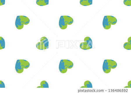 Seamless pattern for Earth Day with eco-friendly elements. Green planet in the shape of a heart. Ecology, environmental protection, flat illustration. 136486892