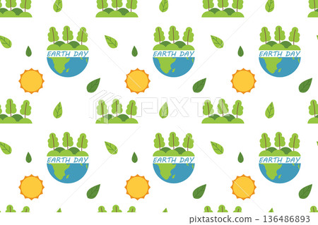 Seamless pattern for Earth Day with eco-friendly elements. Planet, globe, plants, and trees. Ecology, environmental protection, flat vector illustration. 136486893