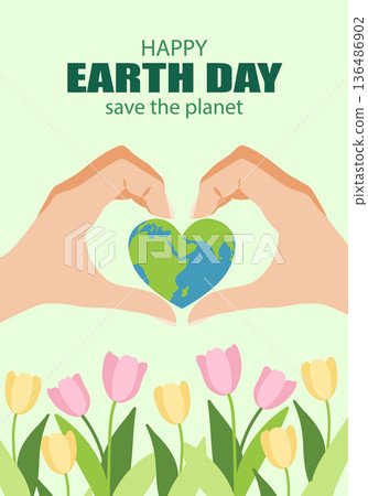 Earth Day poster featuring a globe shaped like a heart, hands, and flowers. Happy Earth Day banner. Flat illustration. 136486902