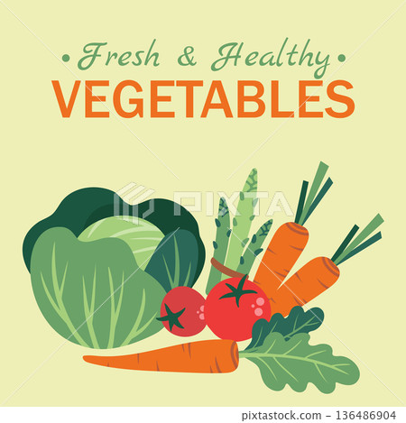 Simple organic vegetable poster for a farmers' market. Salad set in a minimalist, hand-drawn, flat style. Healthy eating and fresh vegetables. 136486904