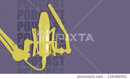 Microphone setup for podcast recording in studio space with purple background and text Microphone setup for podcast recording in studio space with purple background and text 136486942
