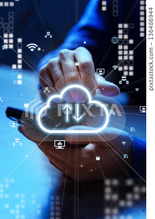 Person using smartphone to access cloud services and data management in a digital space Person using smartphone to access cloud services and data management in a digital space 136486944