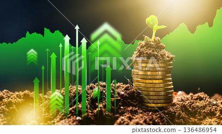 Coins stack with plant growing and upward arrows showing growth in finance 136486954