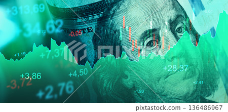 Financial data shows stock market trends with US dollar bills in background Financial data shows stock market trends with US dollar bills in background 136486967