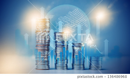 Business growth with coin stacks and world map in background during daytime showing finance trends Business growth with coin stacks and world map in background during daytime showing finance trends 136486968