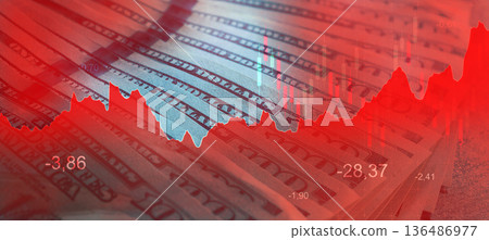 Stock market trends show decline with dollar bills in the background and red graphs overlay Stock market trends show decline with dollar bills in the background and red graphs overlay 136486977