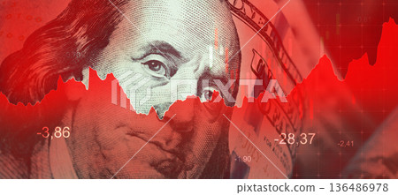 Market trend shows decline with dollar bills and red graph in financial data display 136486978