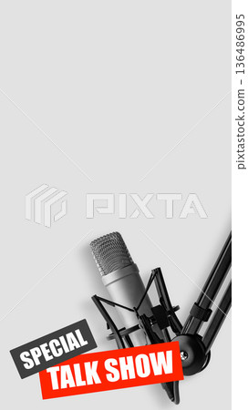 Podcast setup for talk show with microphone ready for recording in studio environment Podcast setup for talk show with microphone ready for recording in studio environment 136486995