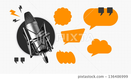 Podcast setup with microphone and speech bubbles representing conversation and discussion topics Podcast setup with microphone and speech bubbles representing conversation and discussion topics 136486999