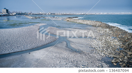 Aerial view of a large seabird colony resting on a beach in la punta, callao, peru Aerial view of a large seabird colony resting on a beach in la punta, callao, peru 136487094