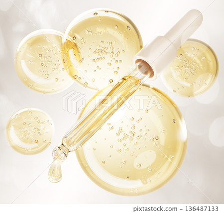 Glass pipette with gold serum drop and essential oil bubbles on 3d background. Dropper with vitamin essence, yellow liquid texture, medical or cosmetic product for facial or hair care. 3D illustration Glass pipette with gold serum drop and essential oil bubbles on 3d background. Dropper with vitamin essence, yellow liquid texture, medical or cosmetic product for facial or hair care. 3D illustration 136487133