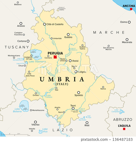 Umbria, a region of central Italy, political map, with capital Perugia. Region on the Italian Peninsula, crossed by the Tiber, with the historic towns Assisi, Orvieto, Gubbio, and Spoleto. Vector 136487183