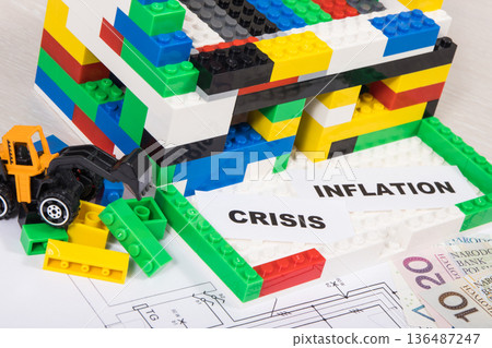 House under construction made of toy blocks, polish currency money, housing plan House under construction made of toy blocks, polish currency money, housing plan 136487247
