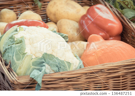 Fresh vegetables in basket as ingredients containing minerals and vitamins 136487251