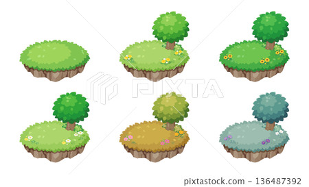Illustration material of a grassland island with vignette-style trees and flowers in spring, summer, autumn and winter Illustration material of a grassland island with vignette-style trees and flowers in spring, summer, autumn and winter 136487392