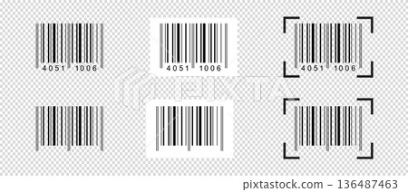 Collection of barcode stickers with scanner frames. Samples of bar code mockups isolated on transparent background. Pricetags or ID labels with digital data product information. Vector illustration Collection of barcode stickers with scanner frames. Samples of bar code mockups isolated on transparent background. Pricetags or ID labels with digital data product information. Vector illustration 136487463