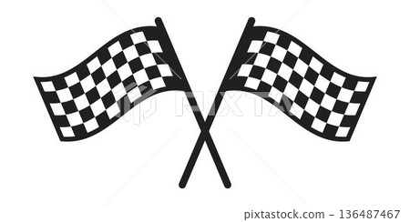 Two crossed waving race flags on sticks with checkered black and white print. Start or finish signal props on sport car competition. Rally, karting or motocross tool. Vector graphic illustration Two crossed waving race flags on sticks with checkered black and white print. Start or finish signal props on sport car competition. Rally, karting or motocross tool. Vector graphic illustration 136487467