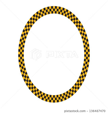 Oval taxi or police theme frame with black and yellow checkered pattern isolated on white background. Elliptic vignette with checkerboard print. Ellipse shaped framework. Vector flat illistration 136487470