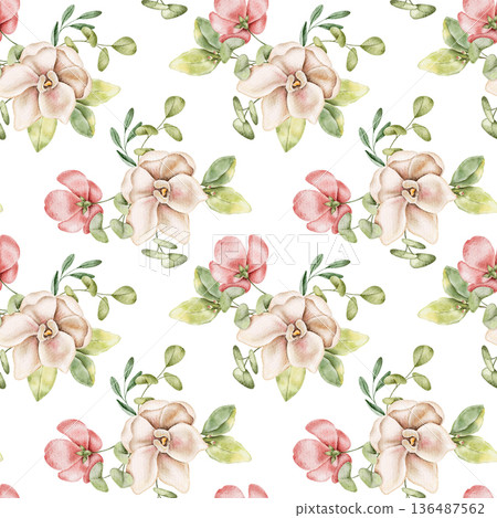Watercolor seamless floral pattern with beige and pink magnolia and orchid flowers, green tropical leaves and branches. For fabric, wallpaper, gift wrap, packaging, stationery, scrapbooking Watercolor seamless floral pattern with beige and pink magnolia and orchid flowers, green tropical leaves and branches. For fabric, wallpaper, gift wrap, packaging, stationery, scrapbooking 136487562