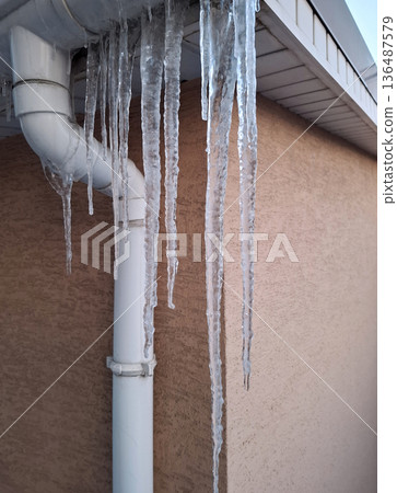 Winter, ice formation. Large long icicles hang from roof of house 136487579