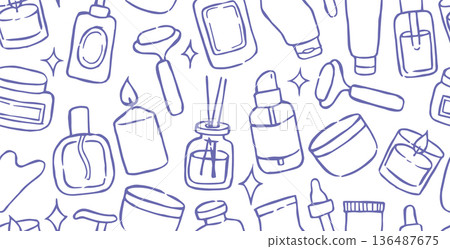Seamless pattern of cosmetic care products. Vector illustration in doodle style. 136487675