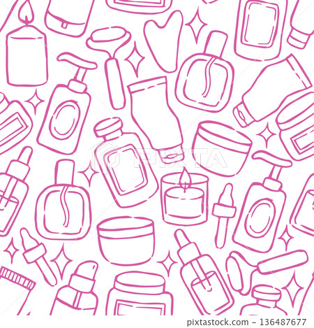 Seamless pattern of cosmetic care products. Vector illustration in doodle style. 136487677